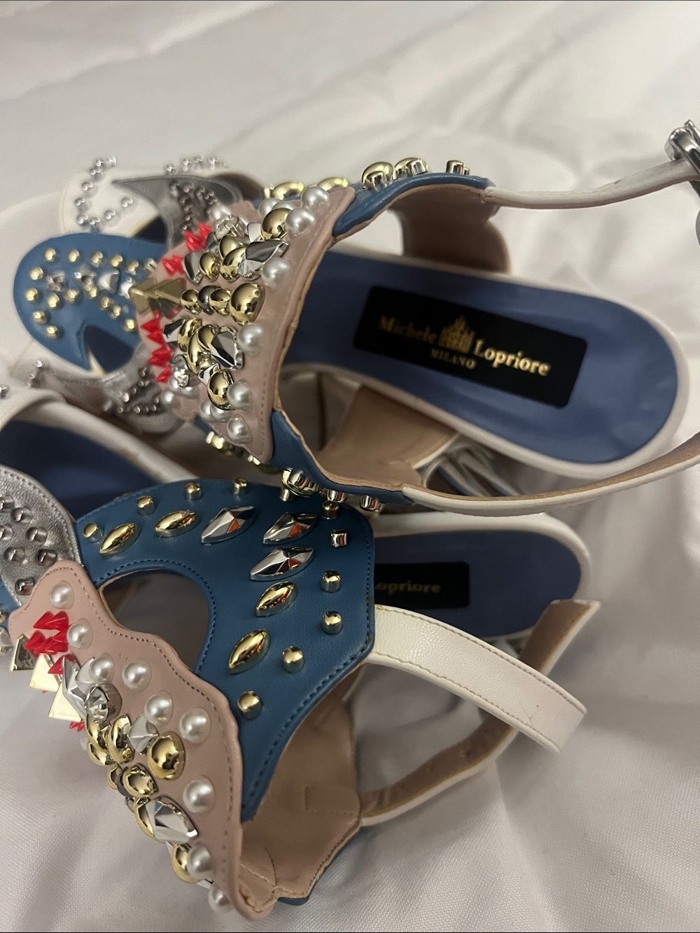 Michele Lopriore Blue & White Embellished Women’s Mules